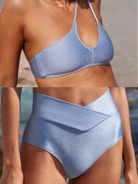 Aerie Women's Shine Rib Bikini Swimsuit Set in Monaco Blue Size Medium
